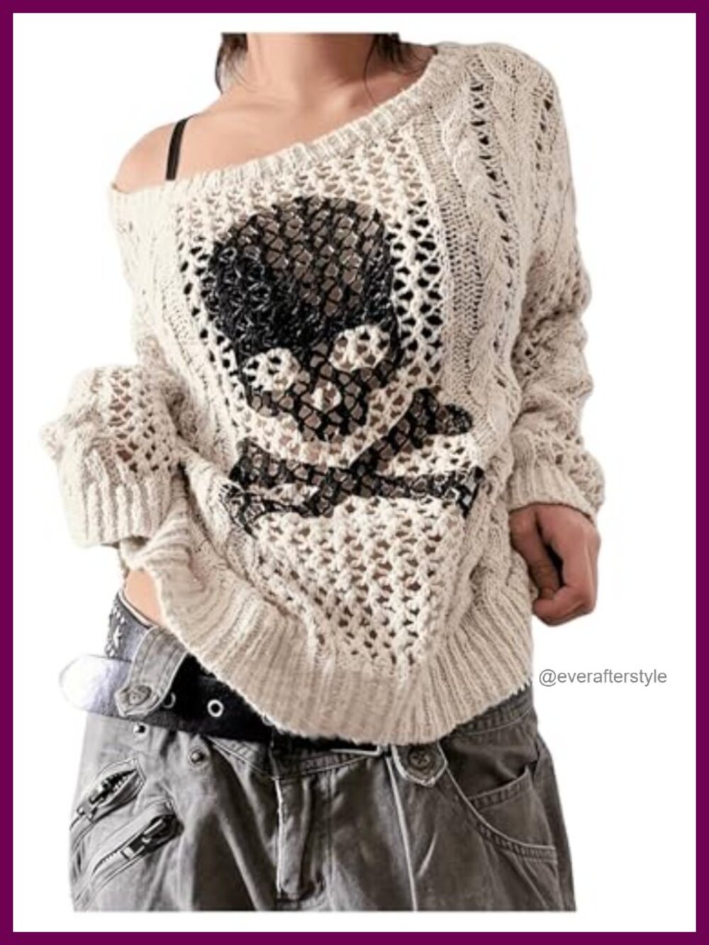 Loose Knit Skull Print Off Shoulder Sheer Sweater Goth Grunge